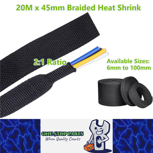 20M x 45mm 2:1 Black Heat Shrink Braided Sleeve Shrink 45mm to 22.5mm Sleeve