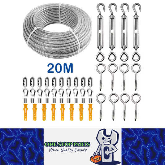 20m x 2mm PVC Coated 304 Stainless Steel Cable Kit with 51 Accessories Wire Rope