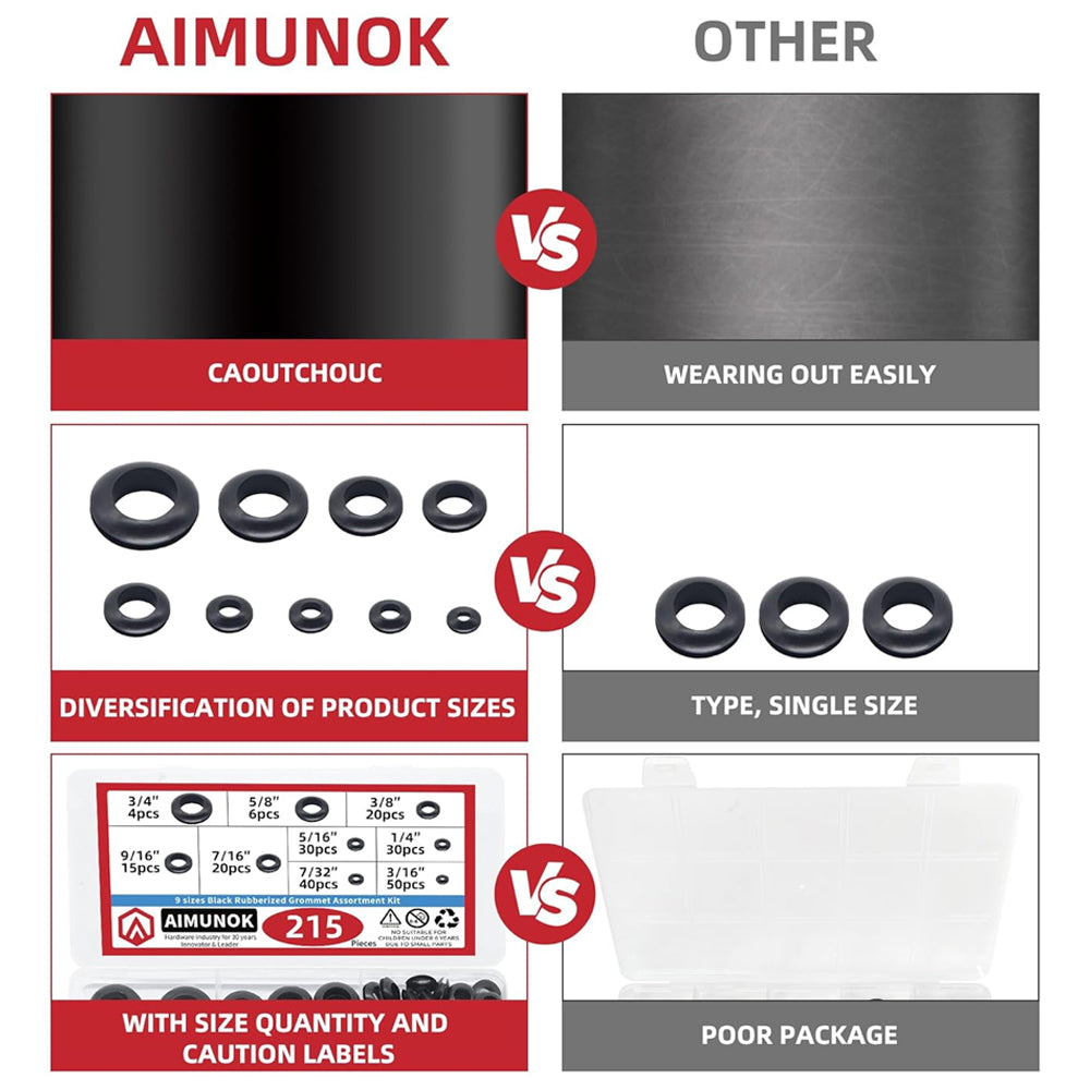 215pc Rubber Grommet Kit 9 Sizes 3mm to 16mm Wiring Firewall Car DIY Hole Plug