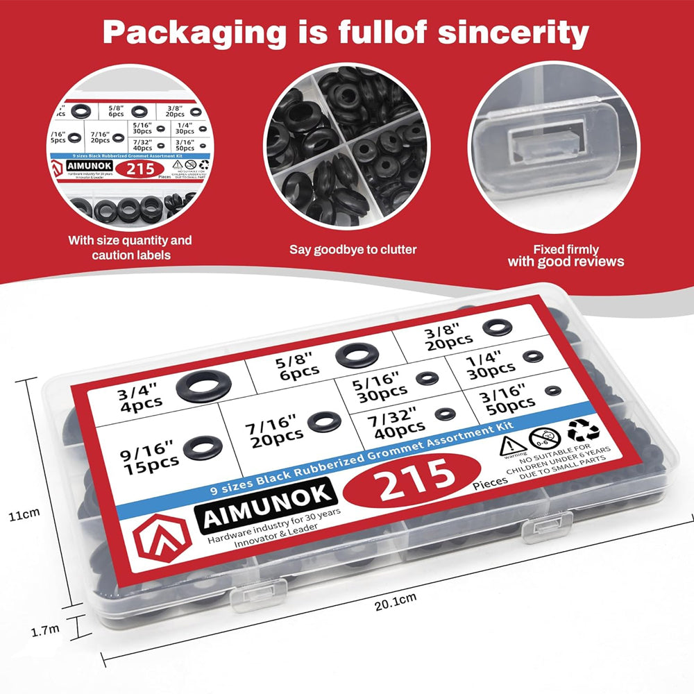 215pc Rubber Grommet Kit 9 Sizes 3mm to 16mm Wiring Firewall Car DIY Hole Plug