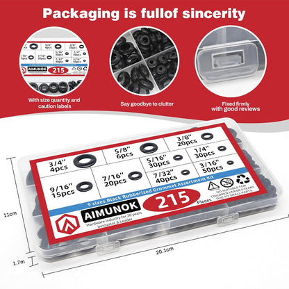 215pc Rubber Grommet Kit 9 Sizes 3mm to 16mm Wiring Firewall Car DIY Hole Plug