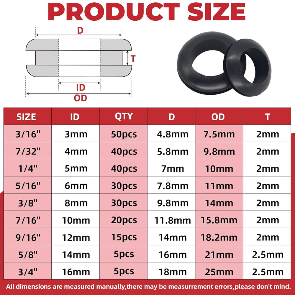 215pc Rubber Grommet Kit 9 Sizes 3mm to 16mm Wiring Firewall Car DIY Hole Plug