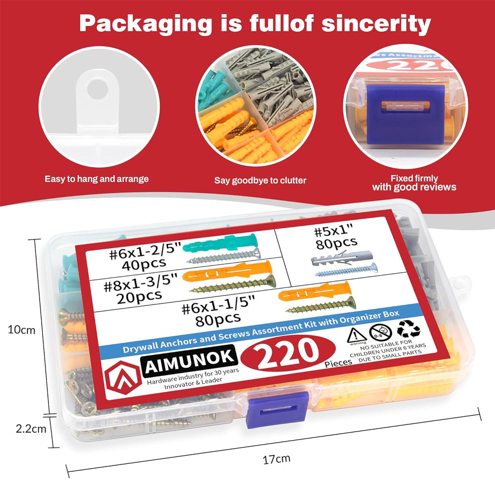 220pcs Drywall Anchors and Screws Kit 110 Plastic Anchors & 110 Philip Screws