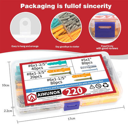 220pcs Drywall Anchors and Screws Kit 110 Plastic Anchors & 110 Philip Screws