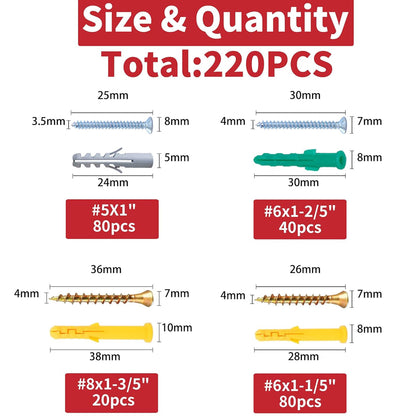 220pcs Drywall Anchors and Screws Kit 110 Plastic Anchors & 110 Philip Screws