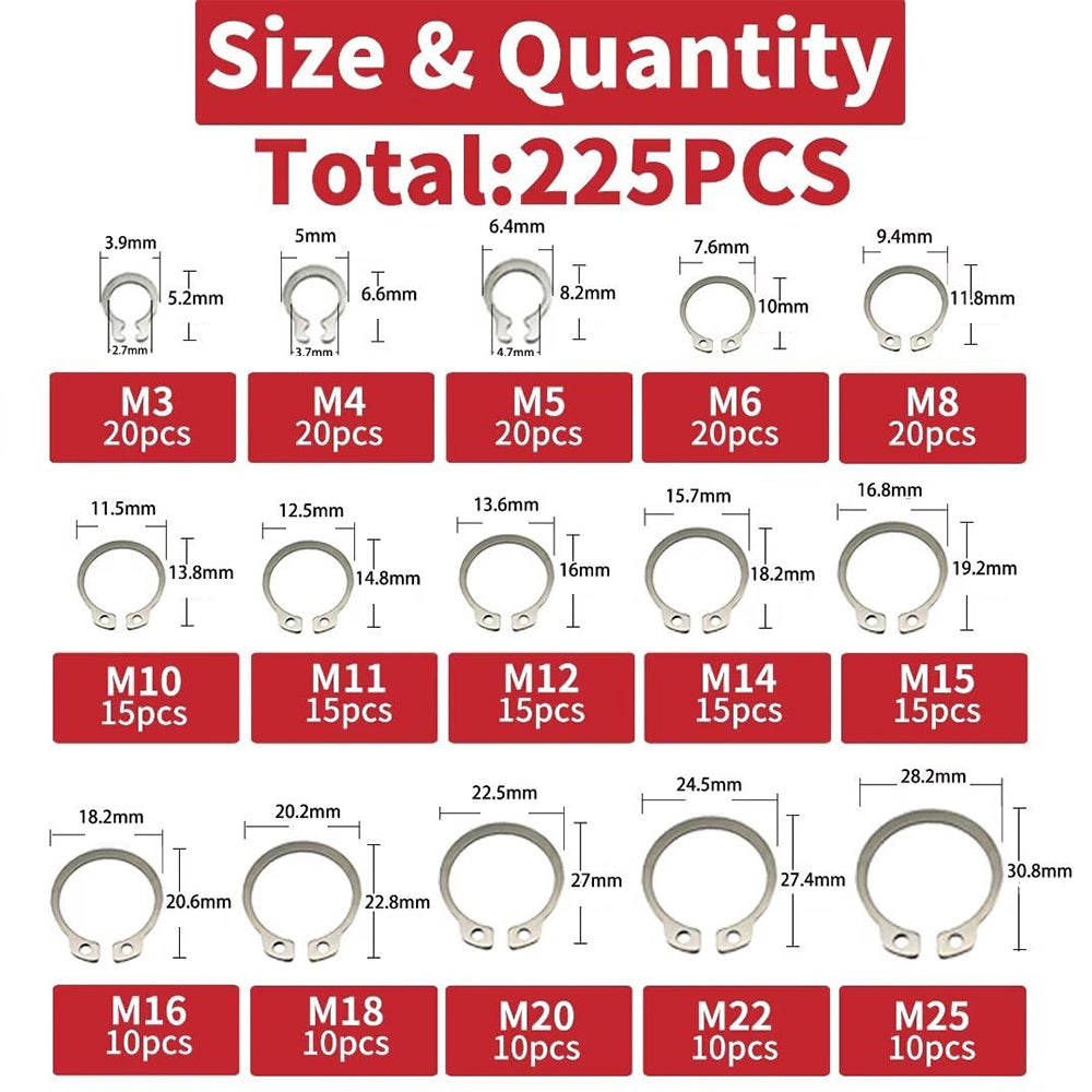 225pcs Stainless Steel External Snap Rings Circlip C-Clip Assortment Kit M3-M25