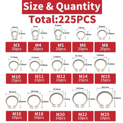 225pcs Stainless Steel External Snap Rings Circlip C-Clip Assortment Kit M3-M25
