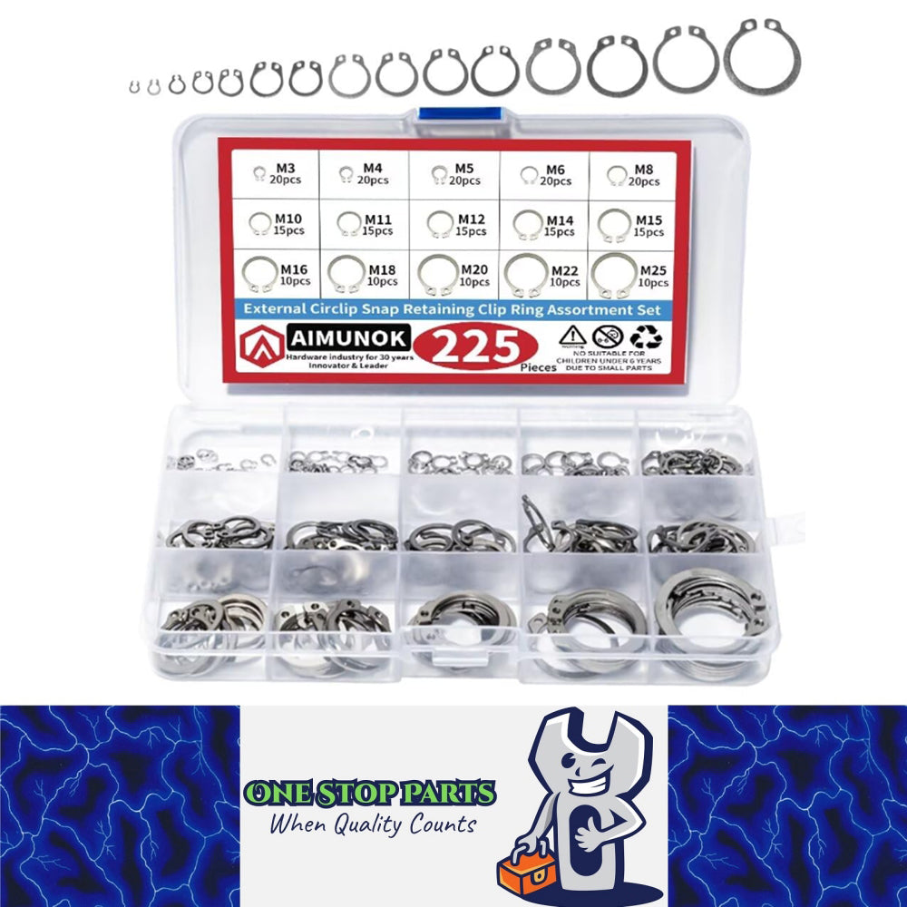 225pcs Stainless Steel External Snap Rings Circlip C-Clip Assortment Kit M3-M25
