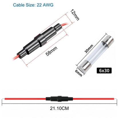 5 x Inline Glass Fuse Holders with 6mm x 30mm Long  Glass Fuses 22 AWG Wires
