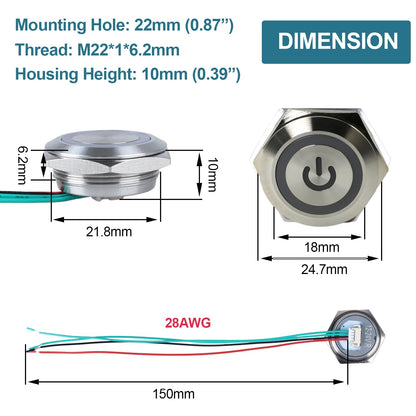 22mm Green LED Metal Push Button Switch Ultra Thin 12-24V Pre-Wired Self Reset
