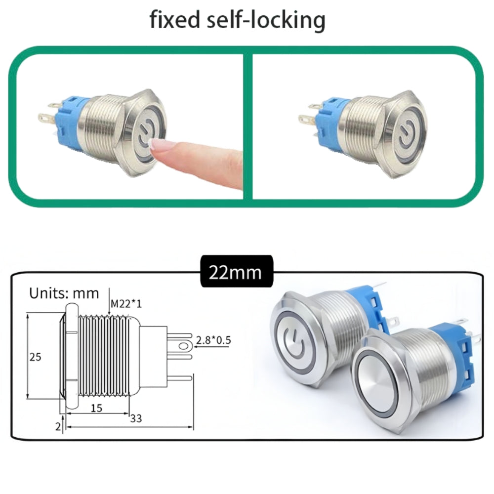5 x White LED 22mm Metal Push Button Switch 12-24V Pre-Wired Self-Locking Switch