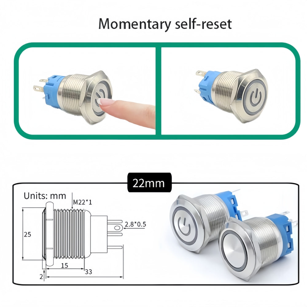 2 x White LED 22mm Metal Push Button Switch 12V-24V Pre-Wired Self-Rest Switch