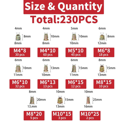 230pcs Wood Threaded Inserts Kit 11 Size M4/5/6/8/10 Furniture Assembly Nut