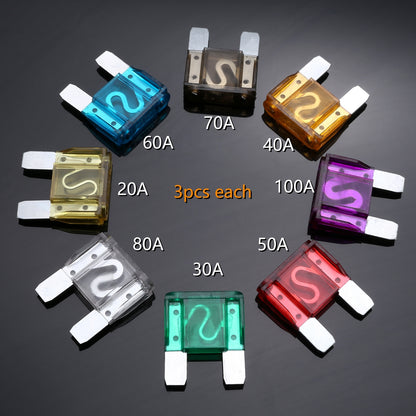 24pc Pack Maxi Blade Fuses Mixed Pack 8 Sizes 20A 30A 40A 50A 60A 70A 80A 100A