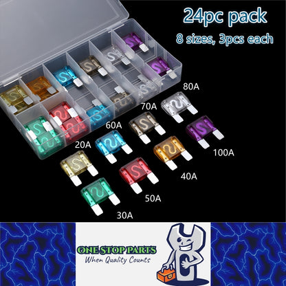 24pc Pack Maxi Blade Fuses Mixed Pack 8 Sizes 20A 30A 40A 50A 60A 70A 80A 100A