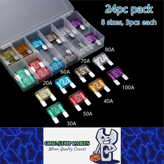 24pc Pack Maxi Blade Fuses Mixed Pack 8 Sizes 20A 30A 40A 50A 60A 70A 80A 100A