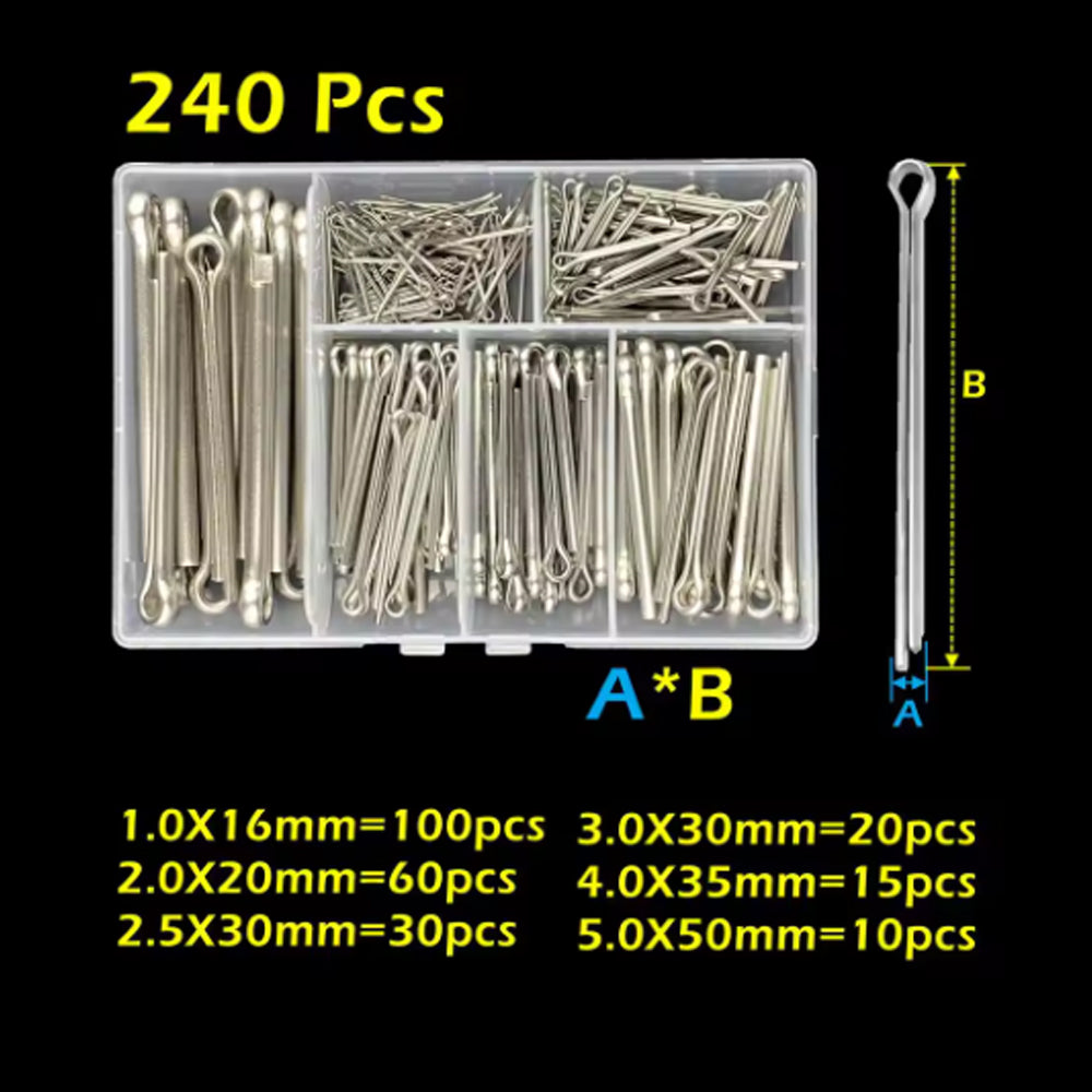240pcs Stainless Steel Cotter Pin Kit Split Pin 5 Sizes Assortment U Pin Fastner