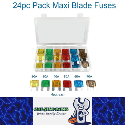 24pc Pack Maxi Blade Fuses Mixed Pack 6 Sizes 20A 30A 40A 50A 60A 70A (24pcs)