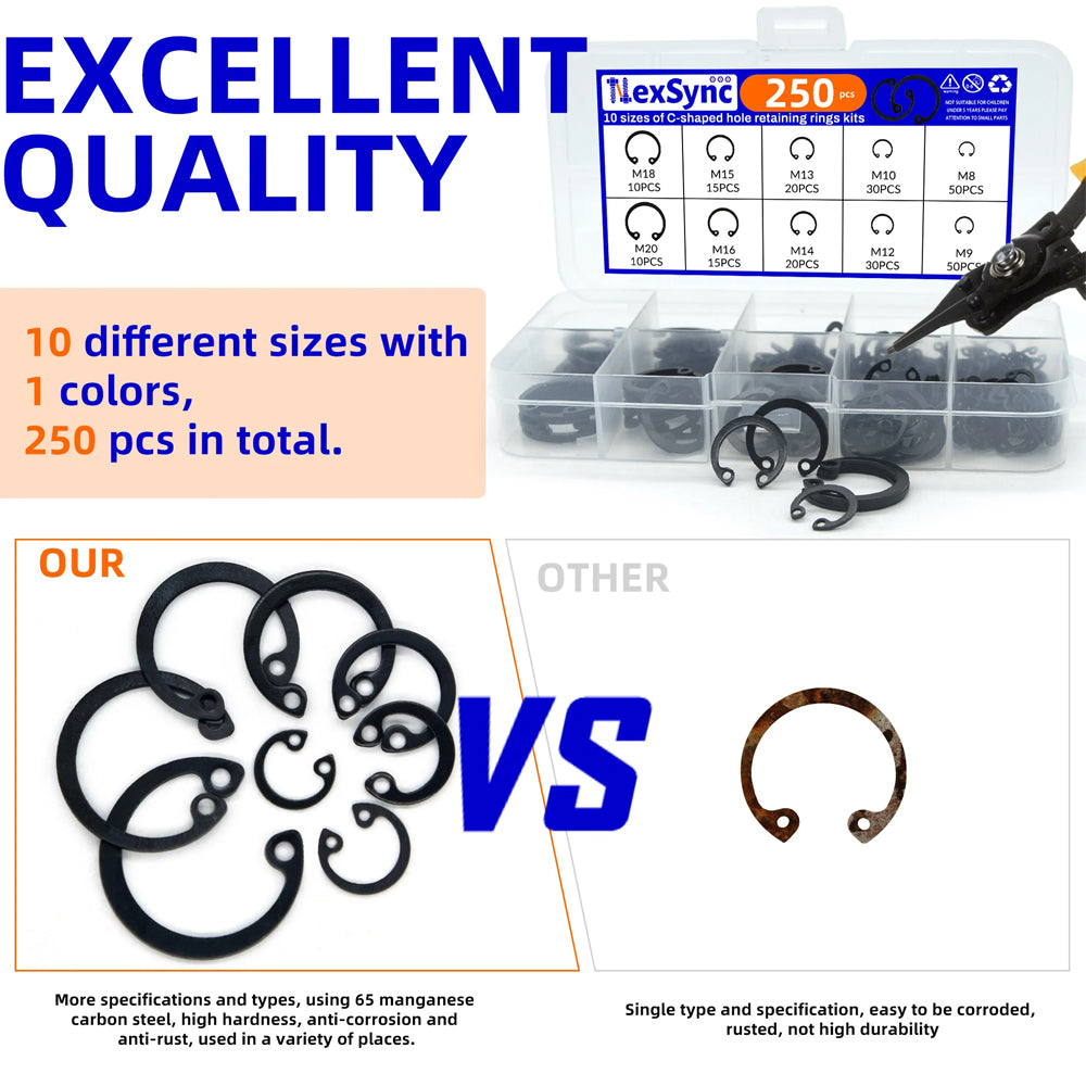 250pcs C Clips Internal Circlip Snap Ring Steel Shaft Retainig for Axles Shafts
