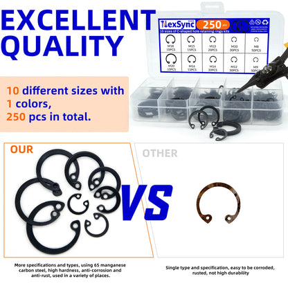 250pcs C Clips Internal Circlip Snap Ring Steel Shaft Retainig for Axles Shafts