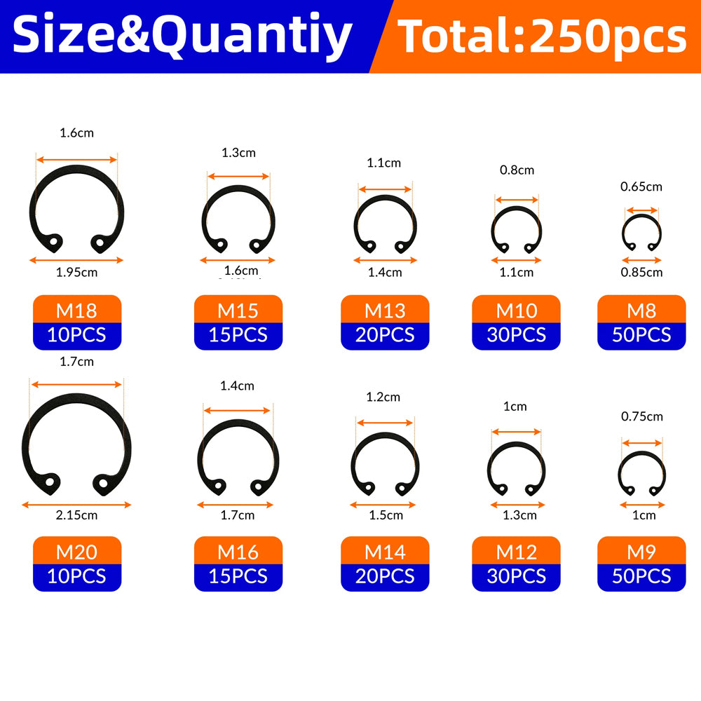 250pcs C Clips Internal Circlip Snap Ring Steel Shaft Retainig for Axles Shafts