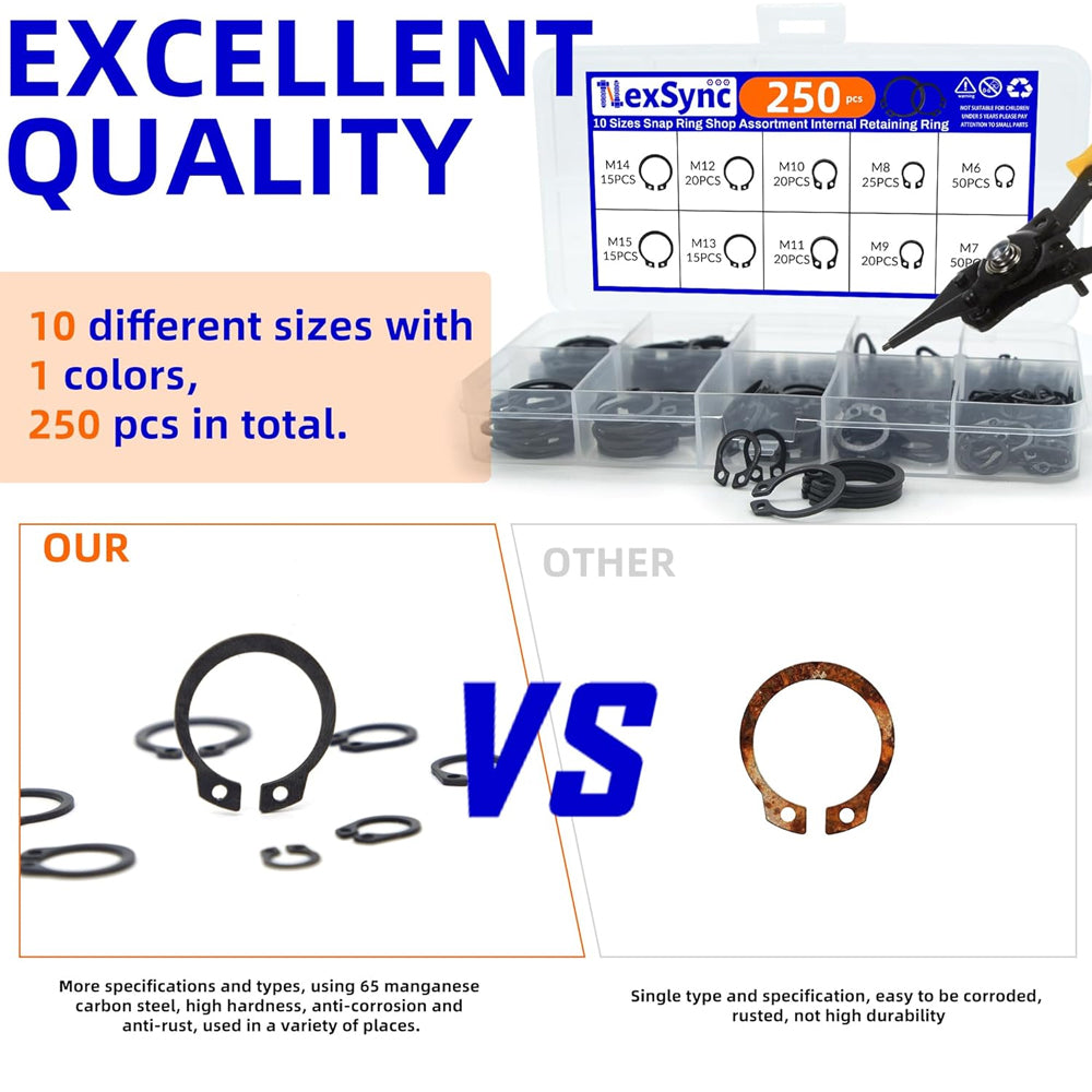250pcs C Clips External Circlip Snap Ring Steel Shaft Retainig for Axles Shafts