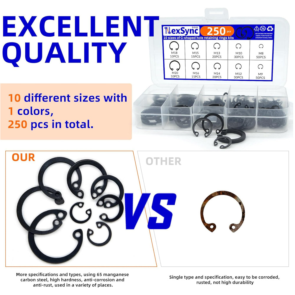 250pcs C Clips Internal Circlip Snap Ring Steel Shaft Retainig for Axles Shafts