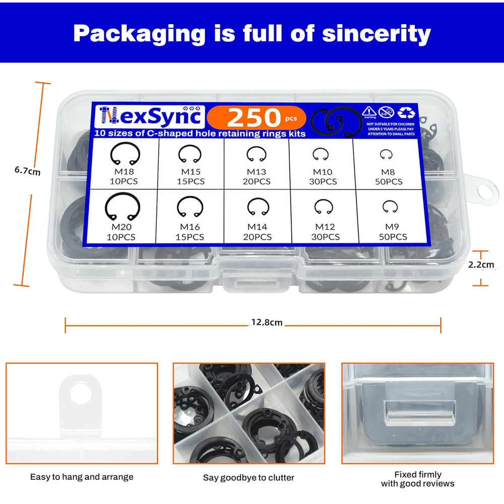 250pcs C Clips Internal Circlip Snap Ring Steel Shaft Retainig for Axles Shafts