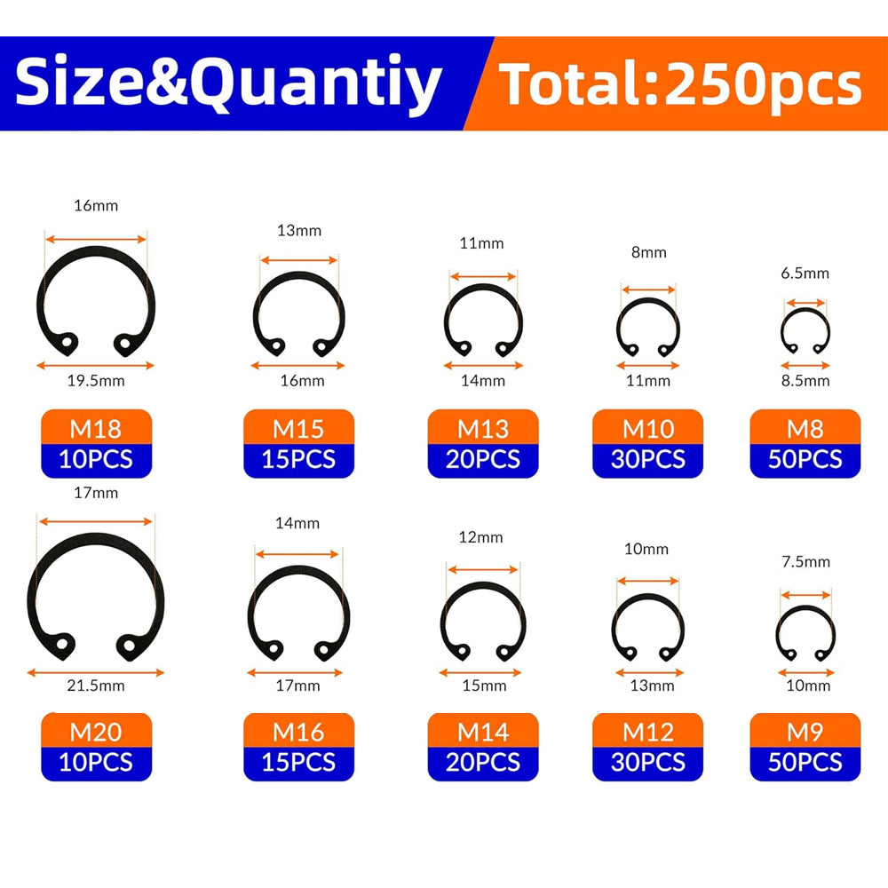 250pcs C Clips Internal Circlip Snap Ring Steel Shaft Retainig for Axles Shafts