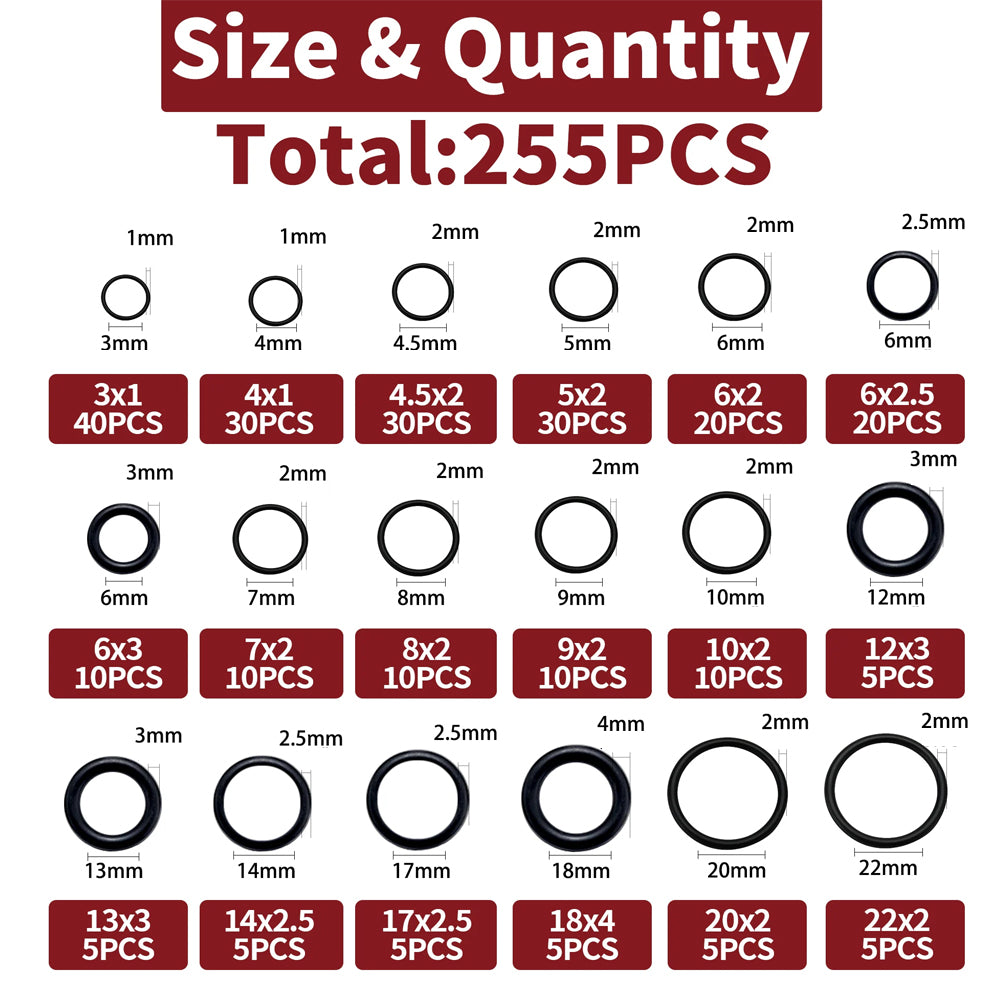 255pcs NBR Rubber O Ring Kit 18 Sizes Seal Gasket Set for Car Plumbing Air Gas