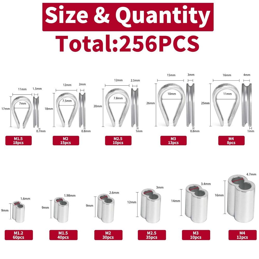 256 x Wire Rope Cable Stainless Steel Thimbles & Aluminum Crimping Loop Sleeve