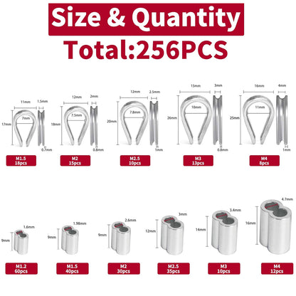 256 x Wire Rope Cable Stainless Steel Thimbles & Aluminum Crimping Loop Sleeve