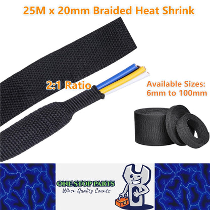 25M x 20mm 2:1 Black Heat Shrink Braided Sleeve Shrink 20mm to 10mm Heat Shrink