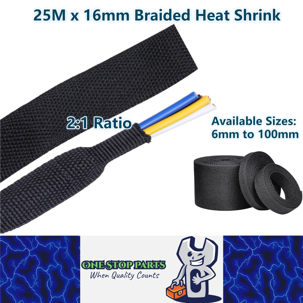 25M x 16mm 2:1 Black Heat Shrink Braided Sleeve Shrink 16mm to 8mm Heat Shrink