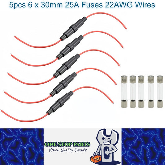 5 x Inline Glass Fuse Holders with 6mm x 30mm Long 25A Glass Fuses 22 AWG Wires