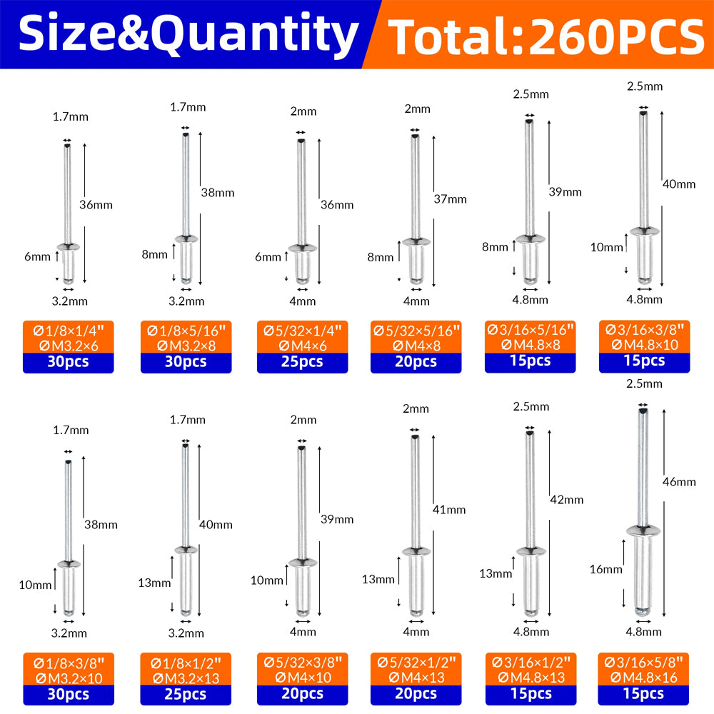 260pcs Pop Rivets Assortment Kit 12 Sizes Aluminum Blind Rivets Furniture & Car