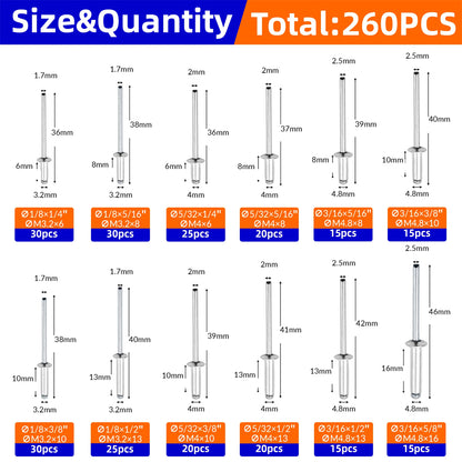 260pcs Pop Rivets Assortment Kit 12 Sizes Aluminum Blind Rivets Furniture & Car