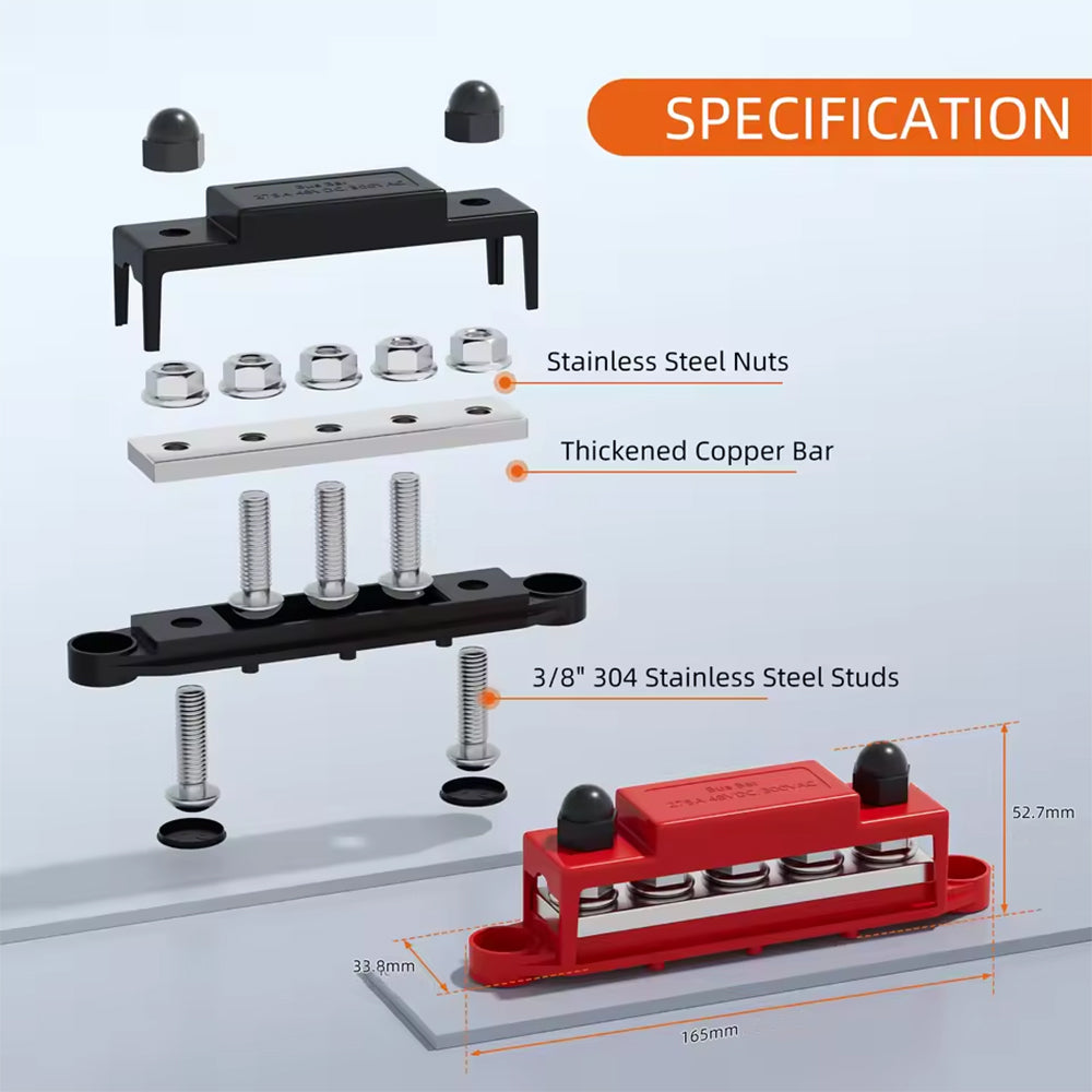 Dual M10 Bus Bar 12V-48V 275A Power Distribution Block 5xM10 Posts Stud Terminal