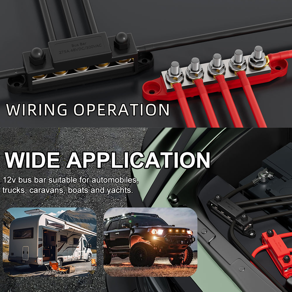 Dual M10 Bus Bar 12V-48V 275A Power Distribution Block 5xM10 Posts Stud Terminal