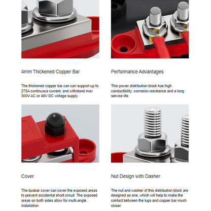 Dual M10 Bus Bar 12V-48V 275A Power Distribution Block 5xM10 Posts Stud Terminal