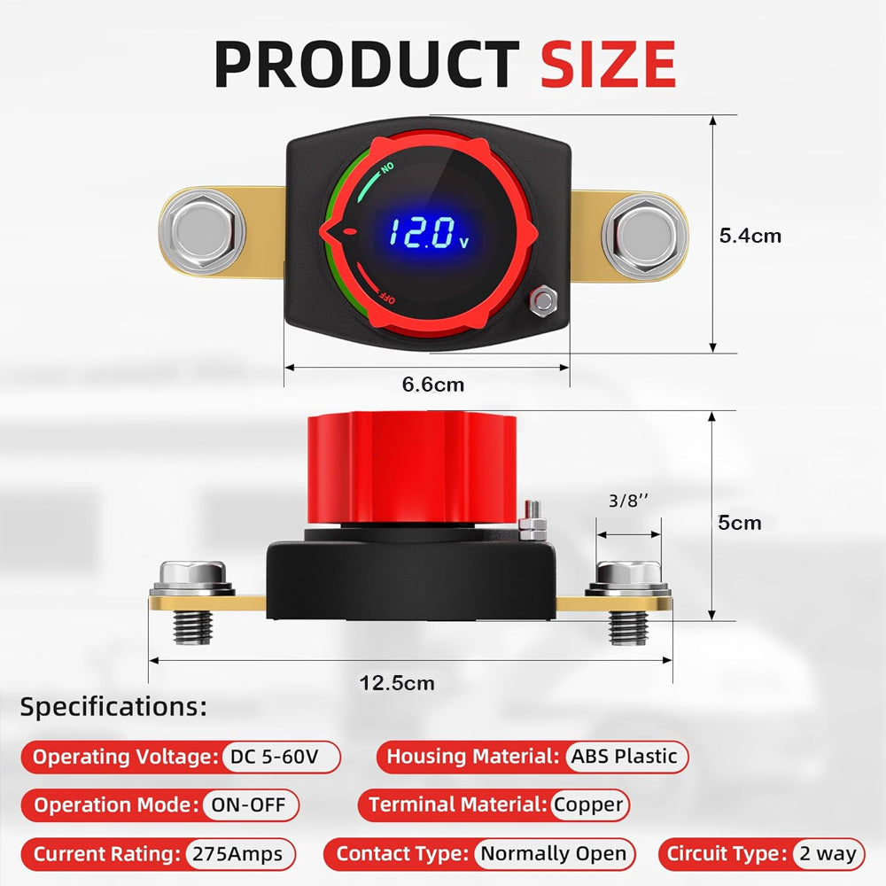 275A Side Post Battery Disconnect Switch 12-48V LED Voltmeter Battery Clamp Post