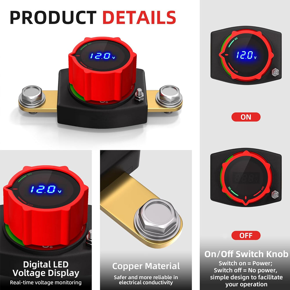 275A Side Post Battery Disconnect Switch 12-48V LED Voltmeter Battery Clamp Post