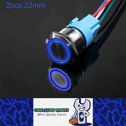 2 x Blue LED 22mm Metal Push Button Switch 12V-24V Pre-Wired Self-Rest Switch