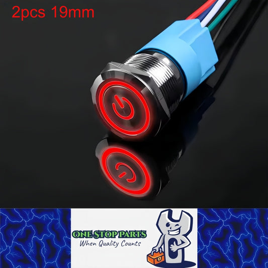 2 x 19mm Metal Push Button Switch Red LED 12V-24V Pre-Wired Self-Rest Switch