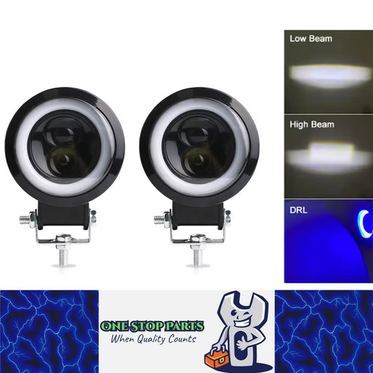 2 x 74mm Round LED Driving Light with High/Low Beam Halo Blue DRL 20W Work Light