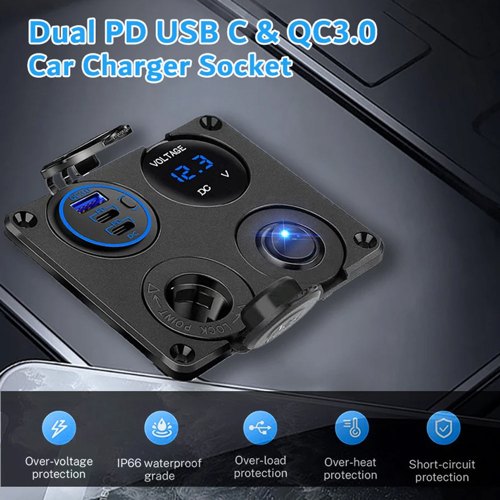 4 in 1 Green Switch Panel 12V QC3.0+Dual PD USB Charger Voltmeter Power Socket