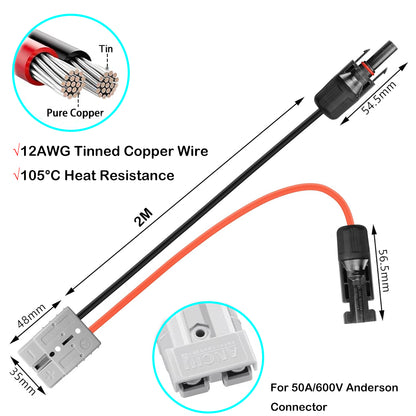 2M 12AWG 4mm² Solar Panel Cable 50A Anderson Plug To Solar Panel Connector