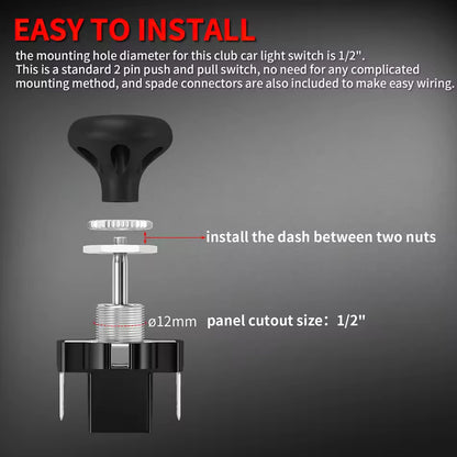 2 x Golf Cart Push Pull Light Switch 12 Volt Universal Headlight Switch Button