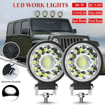 6 x Round LED Work Light 112mm 99W 12-24V 6000K Spot Flood Beam Combo Work Light