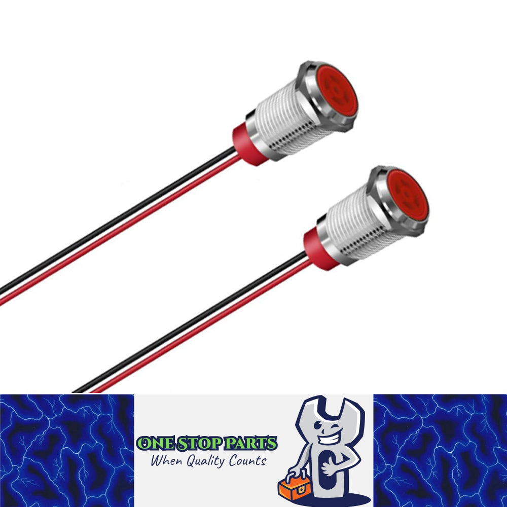 2 x Red LED Indicator Light 12mm Metal 12V-24V Pilot Signal Lamp IP67 Car Boat